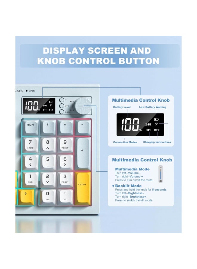 onikuma G80 3-Mode Connectivity Wireless, Bluetooth & Wired Keyboard Creamy Membrane Quiet Typing with Rainbow Backlight, with LCD Screen & Multifunction Knob,200H Battery, 94 Key PBT Keycaps - Image 5